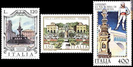 Alcune delle citazioni del passato riguardanti Viterbo: appartengono alle serie “Fontane d’Italia”, “Ville d’Italia” e “Folclore”
