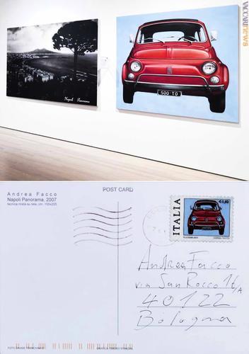 L’opera di Andrea Facco: i due pannelli giganti diventano vera cartolina, con tanto di “francobollo” ed “annullo”