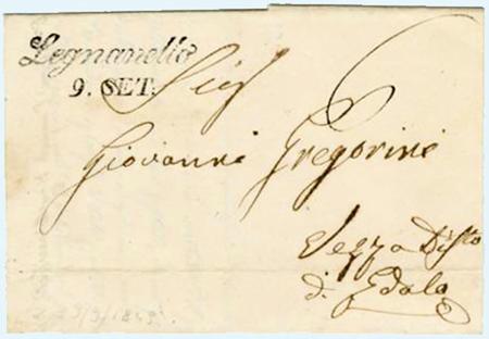 Una lettera annullata in partenza a Legnanello, il 9 settembre (1849), per Vezza d’Oglio di Edolo