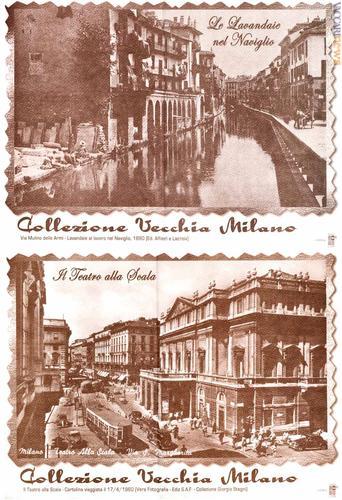 Le tovagliette che riproducono cartoline della Milano di una volta: il naviglio e piazza della Scala