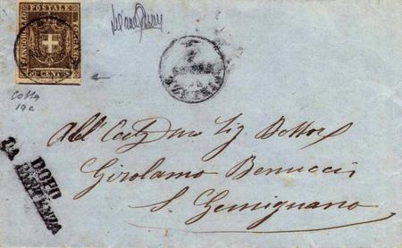 Tra i reperti mostrati, questa corrispondenza del 16 febbraio 1860: è affrancata con il 10 centesimi emesso dal Governo provvisorio