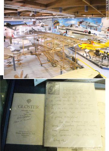 Due immagini dell’allestimento, ospitato nel complesso aeroportuale di Trento, anch’esso intitolato al pioniere aeronautico