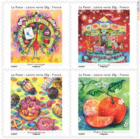 Quattro dei dodici francobolli compresi nella confezione dai toni sognanti