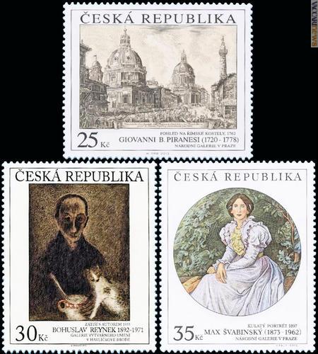 I francobolli; riprendono altrettante opere d’arte, di Giovanni Battista Piranesi, Bohuslav Reynek e Max Švabinský