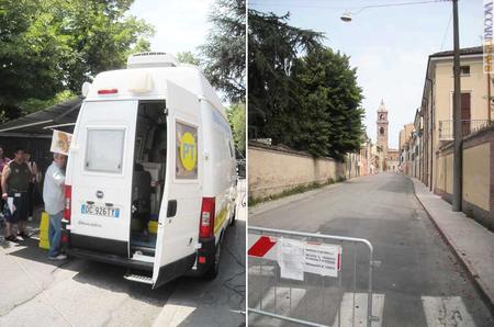 I primi tempi dopo le scosse: l’ufficio postale mobile a Finale Emilia e la chiusura al pubblico del centro storico di Mirandola