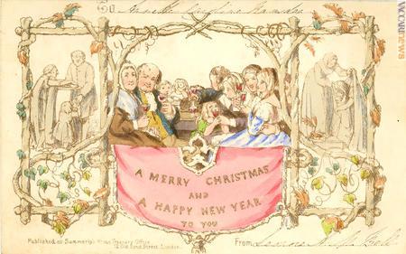 La cartolina augurale voluta da Henry Cole e disegnata nel 1843 da John Horsley (© The British postal museum & archive, 2013)