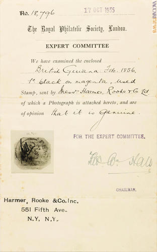 Un certificato della Royal philatelic society che risale al 1935
