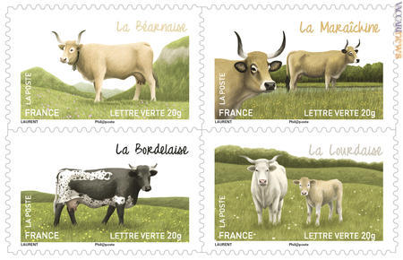 Dodici i francobolli in uscita; l’ultimo bovino figura sulla copertina del libretto. Si aggiungono quattro “prêt-à-poster”