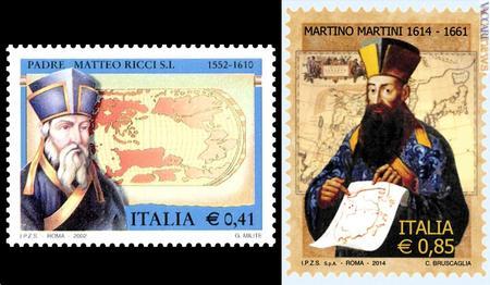 I due francobolli, per Matteo Ricci e Martino Martini, a confronto. Il primo è del 20 aprile 2002, l’altro uscirà l’8 marzo 2014