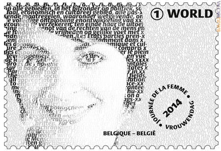Il francobollo: le 606 parole di sfondo, in quattro lingue, disegnano il volto di una giovane donna