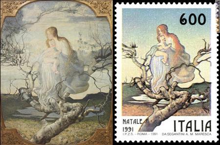 Il dipinto, di Giovanni Segantini, “L’angelo della vita” (Galleria d’arte moderna di Milano), e la sua trasposizione nel francobollo natalizio del 18 ottobre 1991