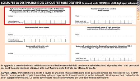 Il riquadro presente, ad esempio, nel modello “730”. Evidenziata in rosso, la categoria riguardante il mondo del volontariato