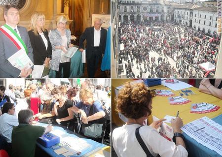 Quattro momenti della celebrazione a Brescia: la presentazione del francobollo con il sindaco Emilio Del Bono, l’inizio della manifestazione in piazza della Loggia, l’acquisto del commemorativo e la compilazione della cartolina destinata a finanziare il memoriale
