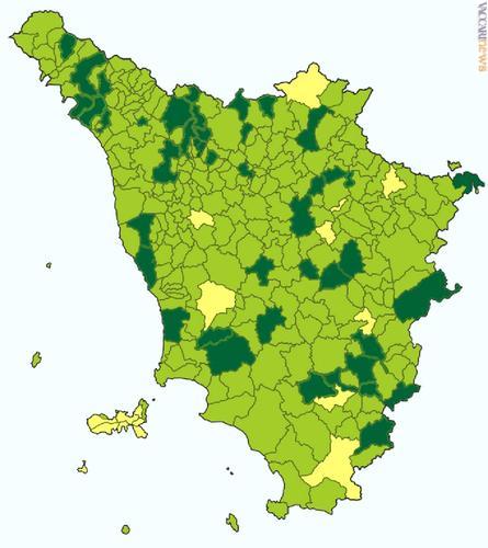 La Toscana ed “Ecco fatto!”: in verde scuro i territori in cui i punti sono già attivi; in giallo quelli coinvolti ora