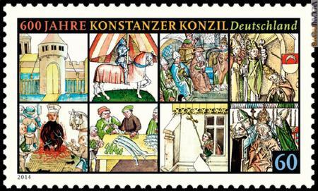 Il francobollo, firmato da Nicole Elsenbach, richiama il lavoro di Ulrich von Richental