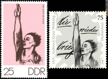 La stessa opera, “Mai più guerra” di Käthe Kollwitz, citata nel francobollo della Ddr uscito nel 1970 e ripresa ora dalla Germania