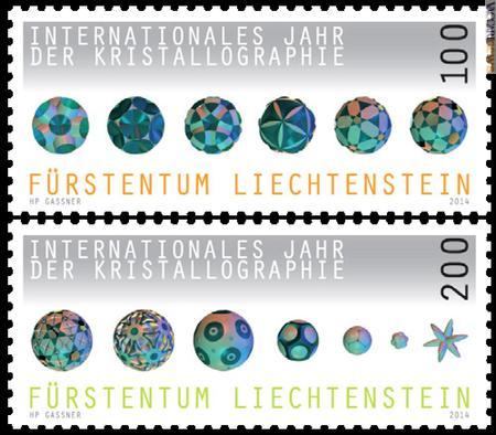 I due francobolli firmati dal Liechtenstein per l’“Anno internazionale della cristallografia”