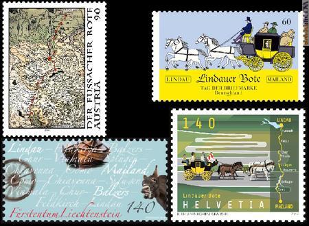 I quattro francobolli che ricordano lo storico itinerario provengono da Austria, Germania, Liechtenstein e Svizzera