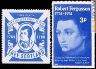 Due etichette con la bandiera nonché i poeti Robert Burns e Robert Fergusson (collezione Fabio Vaccarezza)