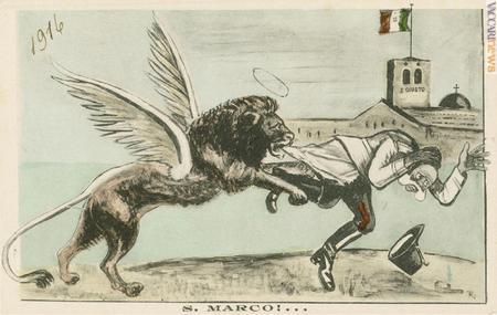 In mostra, ad esempio, la cartolina satirica “S. Marco!...”, risalente al 1916. In essa, il leone morde l’imperatore austroungarico Francesco Giuseppe