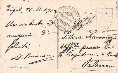Le tracce postali: una cartolina viaggiata in franchigia nel 1912, quando la nave operava sulla costa africana (collezione Beniamino Cadioli)