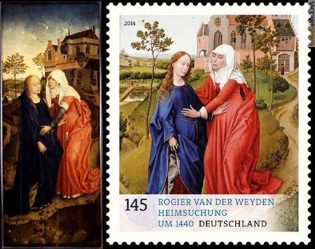 La “Visitazione” di Rogier van der Weyden: il dipinto conservato presso la Galleria sabauda a Torino ed esposto a Roma sino al 15 novembre. Al fianco, il francobollo tedesco che uscirà il 4 dicembre: il lavoro originale, sempre dello stesso autore, si trova al Museum der bildenden künste di Lipsia