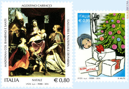 Francobolli ordinari appartenenti alla serie tematica “le Ricorrenze” dedicati al Santo Natale
