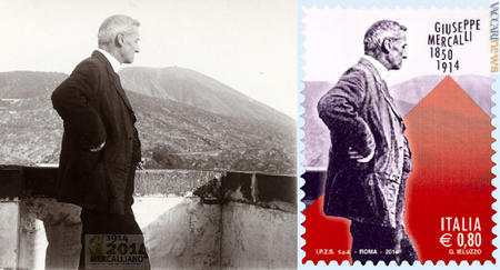 L’ultimo scatto noto di Giuseppe Mercalli, risalente al gennaio 1914, ed il francobollo realizzato da Gaetano Ieluzzo
