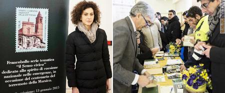 Avezzano - Il presidente di Poste italiane, Luisa Todini, ed il tavolo con francobolli ed annullo (foto: Francesco Scipioni)