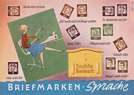 Germania Federale, anni Sessanta del Novecento. L’immagine riprende l’accorgimento d’antan di associare un messaggio alla posizione del francobollo