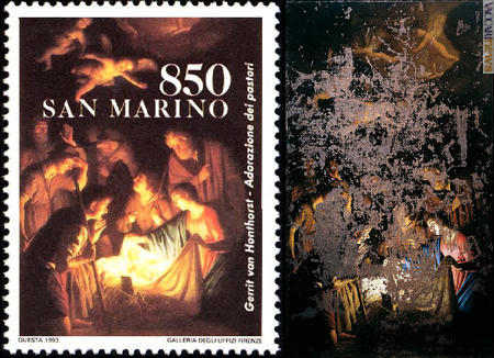 L’“Adorazione dei pastori”: la tela come appariva prima dell’attentato, ripresa nel francobollo sammarinese del 1993, e quanto ne rimane oggi