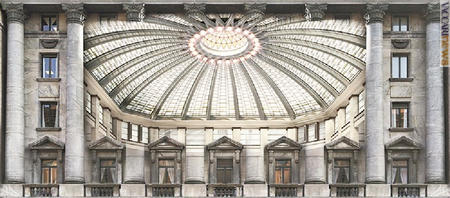 La cupola e i dettagli del palazzo, come appaiono nella pubblicità definita per il centocinquantesimo anniversario
