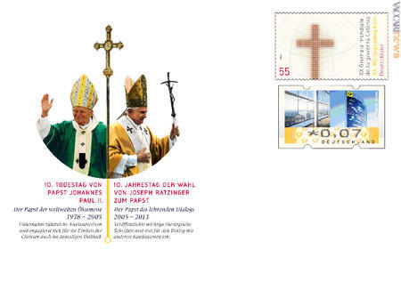 La Germania ha voluto ricordare sia la scomparsa di Giovanni Paolo II, sia l’elezione del successore, il tedesco Benedetto XVI. Ad esempio, con questa busta postale