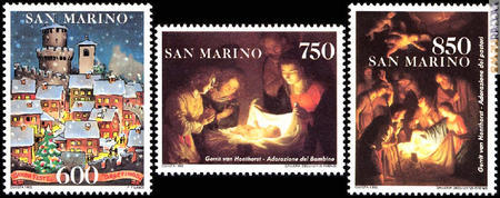 La serie natalizia di San Marino emessa nel 1993 per raccogliere fondi e contribuire al restauro delle opere distrutte. I dipinti originali del secondo e del terzo taglio sono ora in mostra