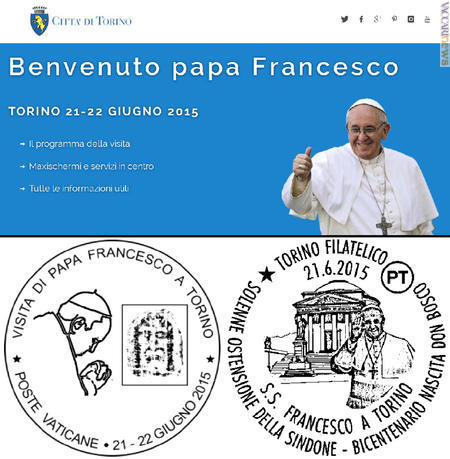 Il saluto presente sul sito del Comune e gli annulli, vaticano ed italiano, realizzati per la visita
