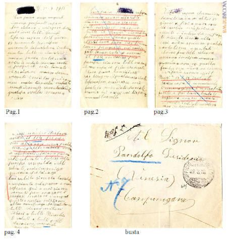 La citata “Lettera al signor Pandolfo Desiderio”, proveniente dall’Archivio centrale di stato (busta 1, fascicolo 7, documento 29); si compone di quattro facciate più la busta. Risale al 20 marzo 1916