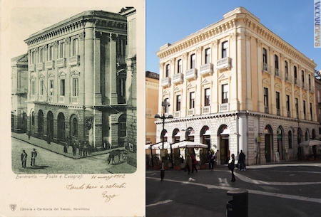 L’edificio in una cartolina d’epoca impiegata nel 1902 (archivio Riccardo Braschi) e come appare oggi in base alla documentazione del Comune