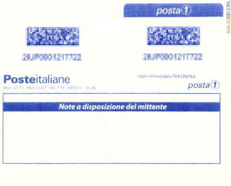 Il foglio che accompagna il singolo francobollo: l’etichetta con il codice, presente in alto a destra, va staccata ed applicata sull’invio. Esiste anche la versione utile per quattordici spedizioni. L’immagine viene anticipata da Nicola Cipriani, che l’1 ottobre firmerà l’articolo “Poste italiane ci riprova” su “Il francobollo incatenato”, della Collezionisti italiani di francobolli ordinari