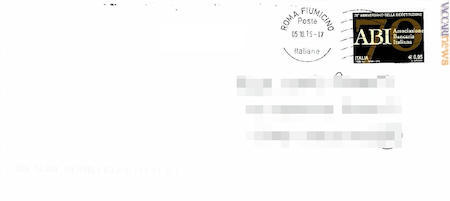 Utilizzato prima del tempo: il francobollo dedicato all’Associazione bancaria italiana, ufficialmente emesso il 7 ottobre, due giorni prima già transitava per il centro meccanizzato postale di Roma Fiumicino (immagine: Mario Pozzati)
