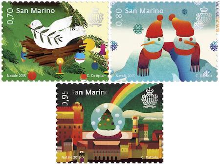 Tre francobolli augurali per tre destinazioni: San Marino, l’Italia, l’Europa ed il Mediterraneo 