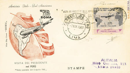 Decisamente più recente è il “Gronchi rosa”. La busta con il francobollo ricoperto viaggiò tramite il volo speciale diretto in Perù; parte da quota 350 (749)