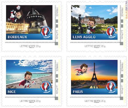 Quattro dei dieci francobolli pre personalizzati: tutti richiamano le città ospiti del Campionato europeo di calcio “Francia 2016”