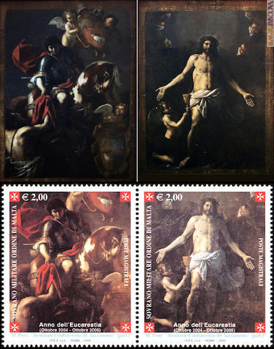 I due lati dello “Stendardo di san Martino”, opera presente in mostra, e la serie di francobolli che la riprende