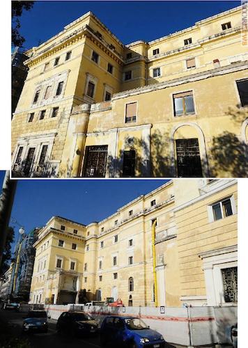 Il retro, sul lungomare Trieste, prima e dopo l’abbattimento di parte dell’edificio (foto: Riccardo Braschi)