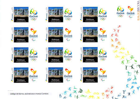 Come si presenta il foglio da personalizzare: contiene dodici francobolli autoadesivi, sei con il logo delle Olimpiadi e gli altri con quello delle Paralimpiadi. Il cliente vi aggiunge la foto di sua preferenza
