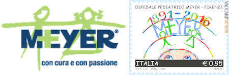 Il logo standard e la rielaborazione di Tullio Pericoli per l’anniversario, impiegata nel francobollo