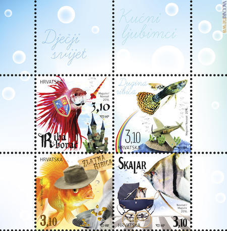 I quattro francobolli dedicati, rispettivamente, a pesce combattente, guppy, ciprino dorato e pesce angelo