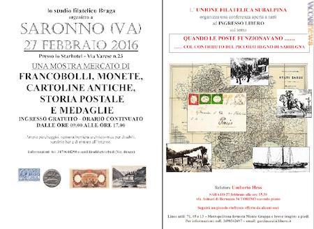 Tra gli altri appuntamenti annunciati, la mostra mercato a Saronno (Varese) e la conferenza di prefilatelia a Torino