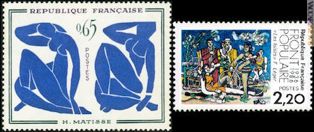 I due francobolli francesi che propongono opere presenti nel percorso di Torino