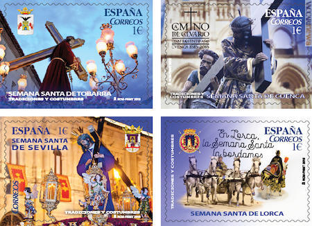 I quattro francobolli che richiamano la Settimana santa vissuta in quatto luoghi: Tobarra, Cuenca, Siviglia e Lorca